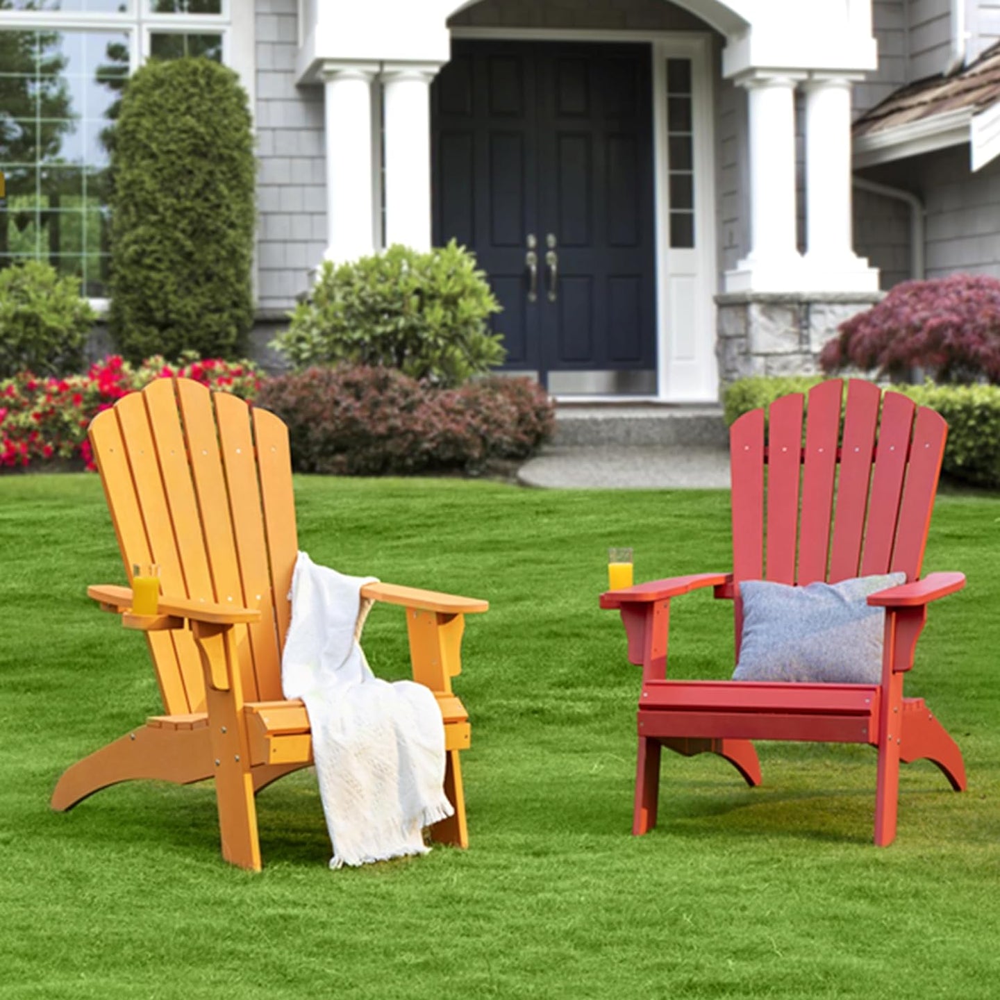 Psilvam Adirondack Chair, Oversized Poly Lumber Fire Pit Chair with Cup Holder, 350Lbs Support Patio Chairs for Garden, Weather Resistant Outdoors Seating, Relaxing Gift for Father & Mother